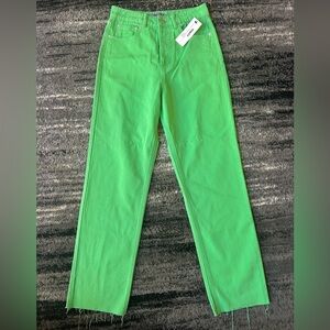 NWT PRETTY GARBAGE LA Vibrant Green High-Waist Straight Leg Raw Hem Jeans